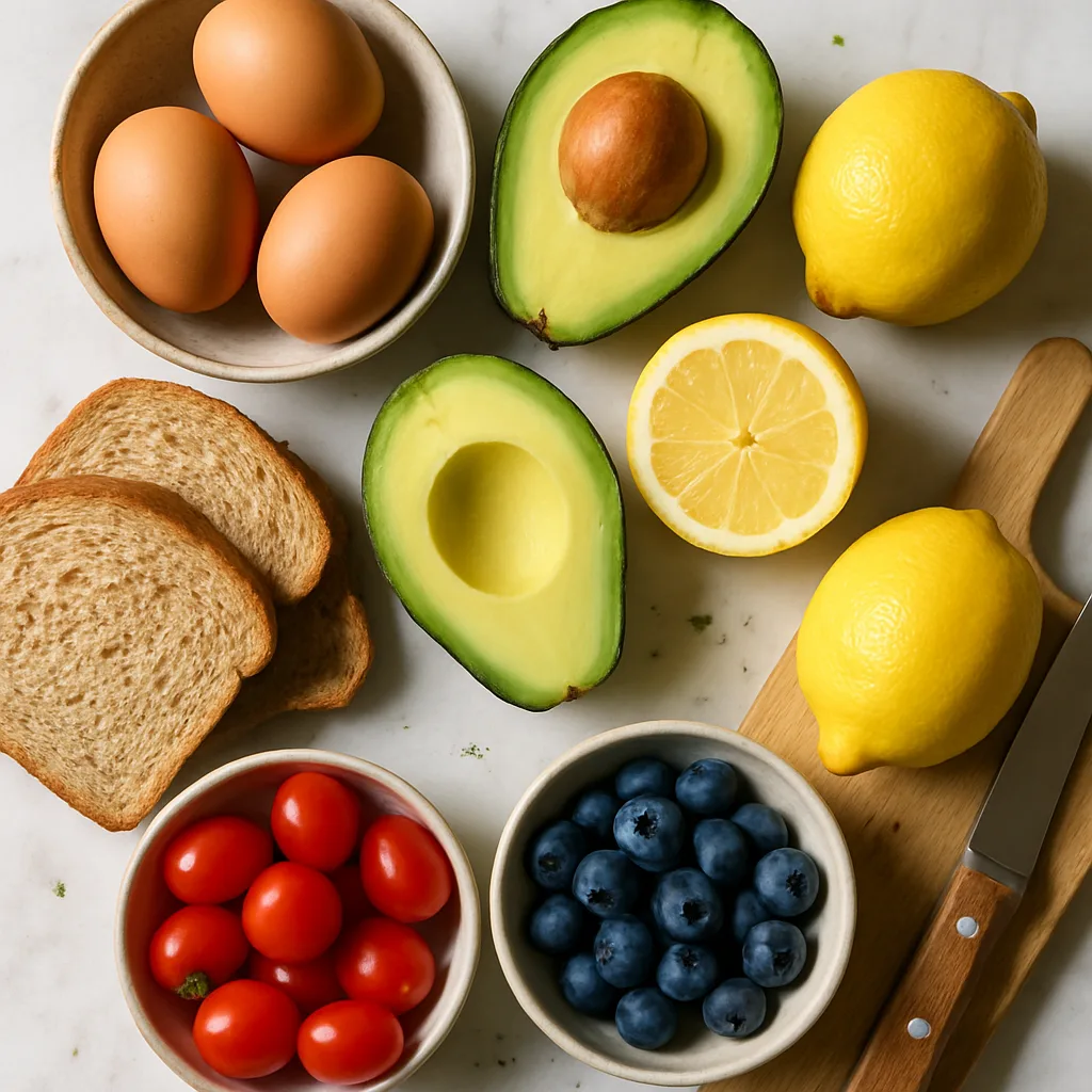 Ingredients for Avocado Egg Toast with Cherry Tomatoes and Blueberries