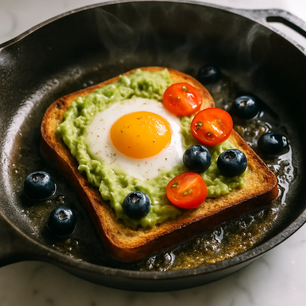 Avocado Egg Toast with Cherry Tomatoes and Blueberries cooking in progress