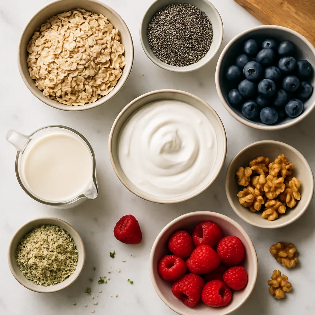Ingredients for Berry Walnut Overnight Oats with Hemp Seeds