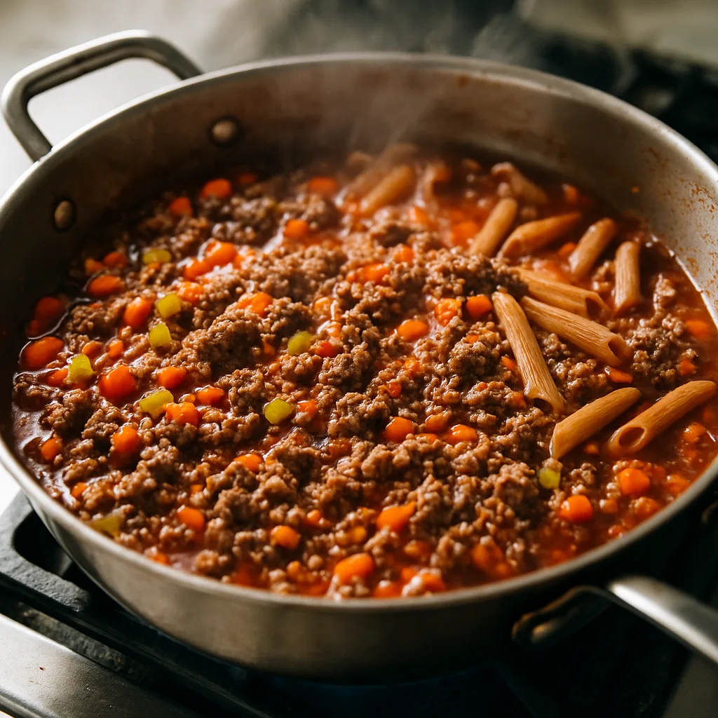 Bison Bolognese with Whole Wheat Penne cooking in progress