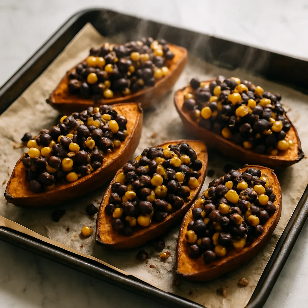 Black Bean & Corn Stuffed Sweet Potatoes cooking in progress