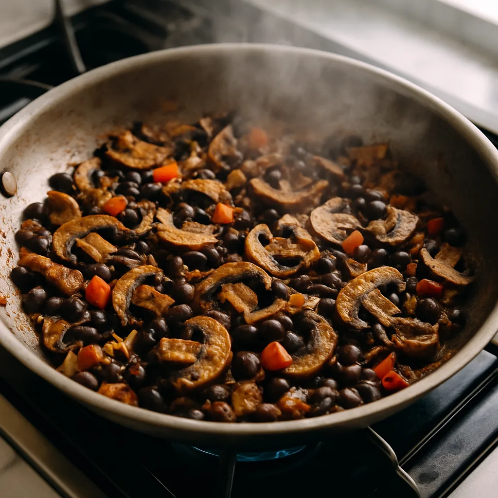 Black Bean Mushroom "Carnitas" Tacos cooking in progress