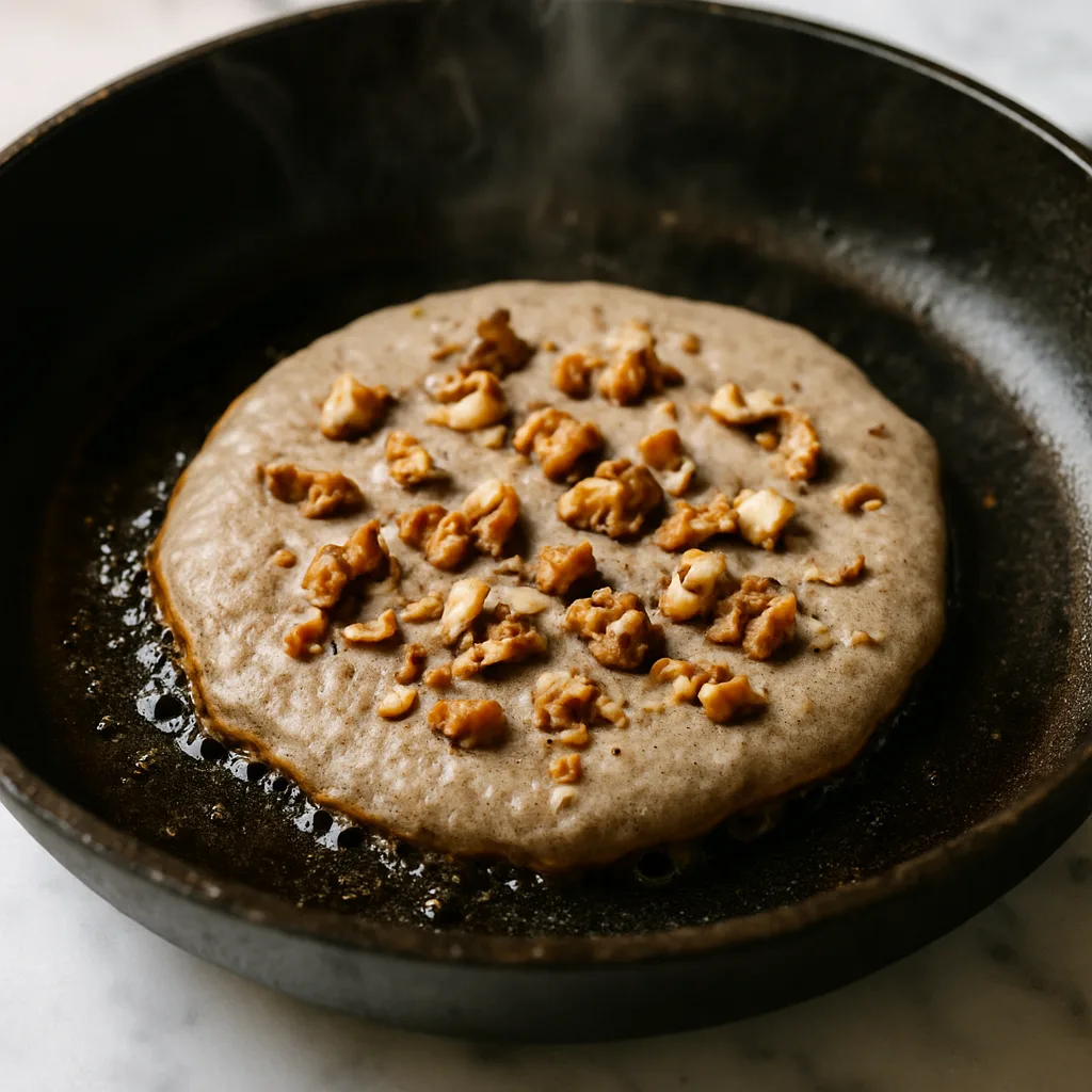 Buckwheat Banana Walnut Pancakes cooking in progress
