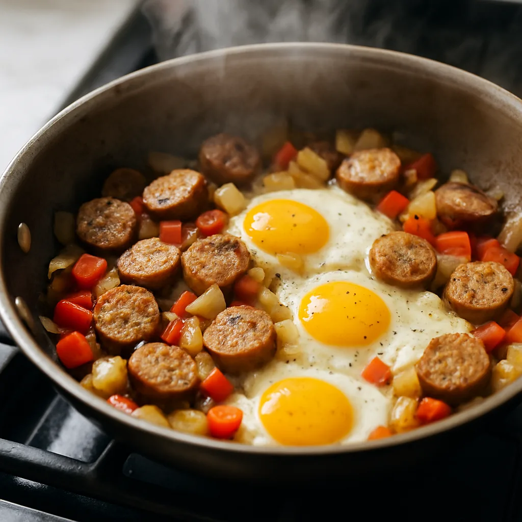 Chicken Sausage & Egg Breakfast Skillet cooking in progress