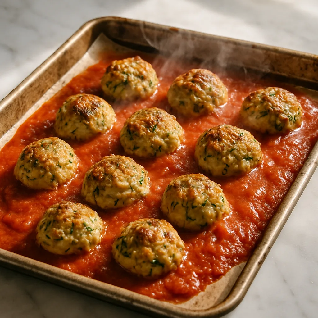Chicken Zucchini Meatballs in Marinara cooking in progress