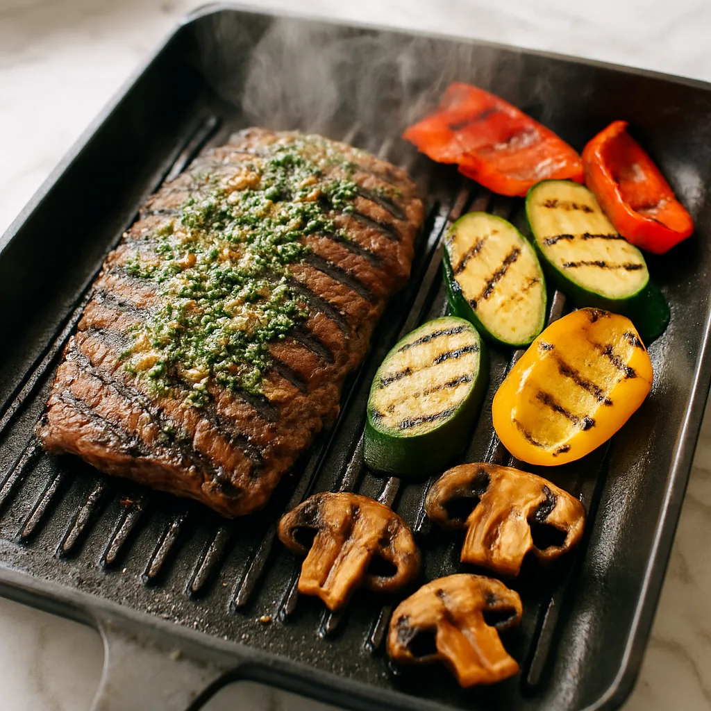 Chimichurri Flank Steak with Grilled Vegetables cooking in progress