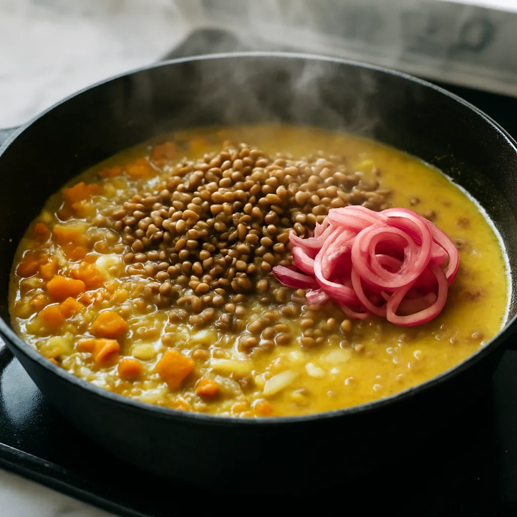 Coconut Curry Lentil Bowls with Pickled Onions cooking in progress