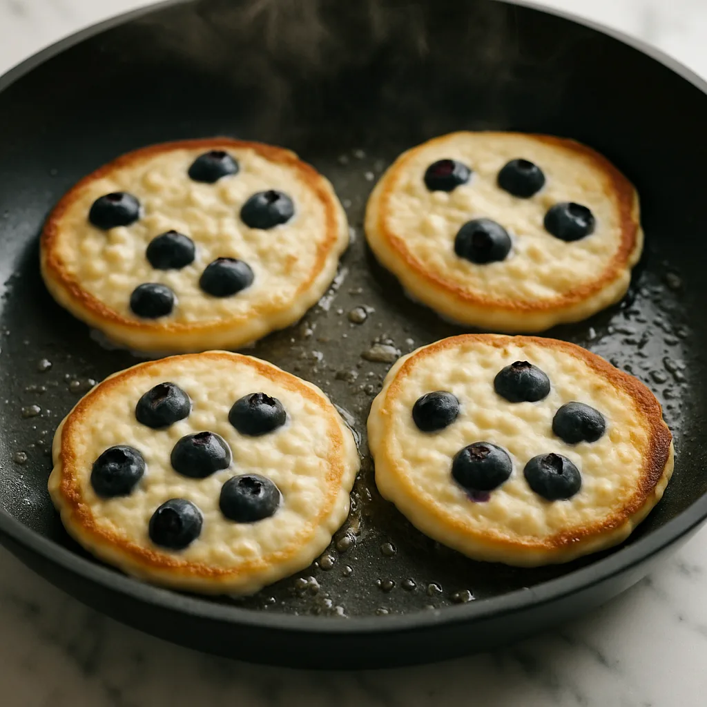 Cottage Cheese Blueberry Pancakes cooking in progress