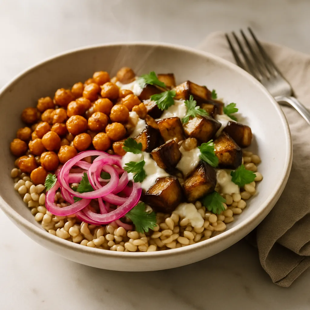 Crispy Chickpea & Roasted Eggplant Grain Bowl