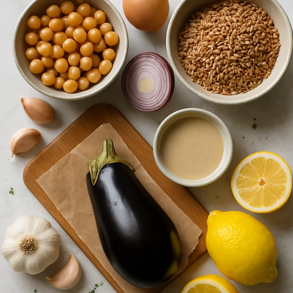 Ingredients for Crispy Chickpea & Roasted Eggplant Grain Bowl