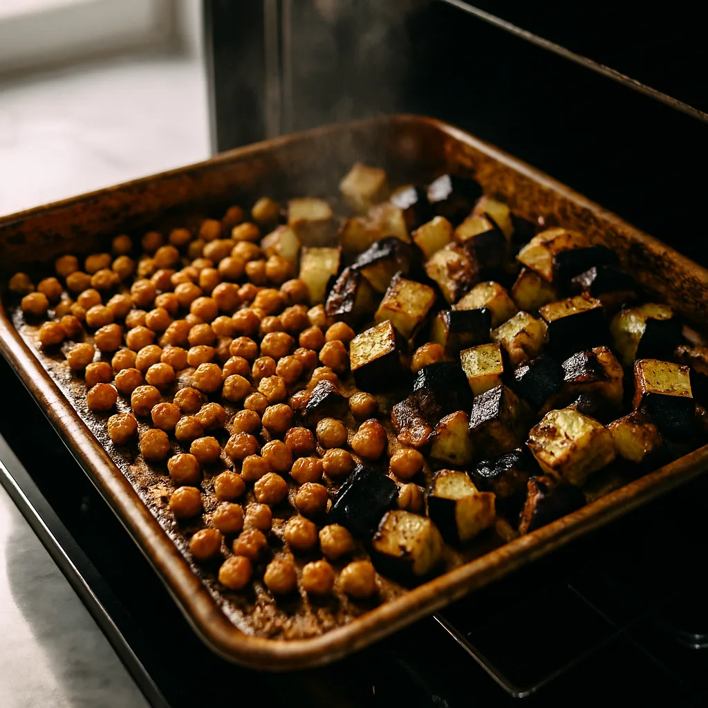 Crispy Chickpea & Roasted Eggplant Grain Bowl cooking in progress