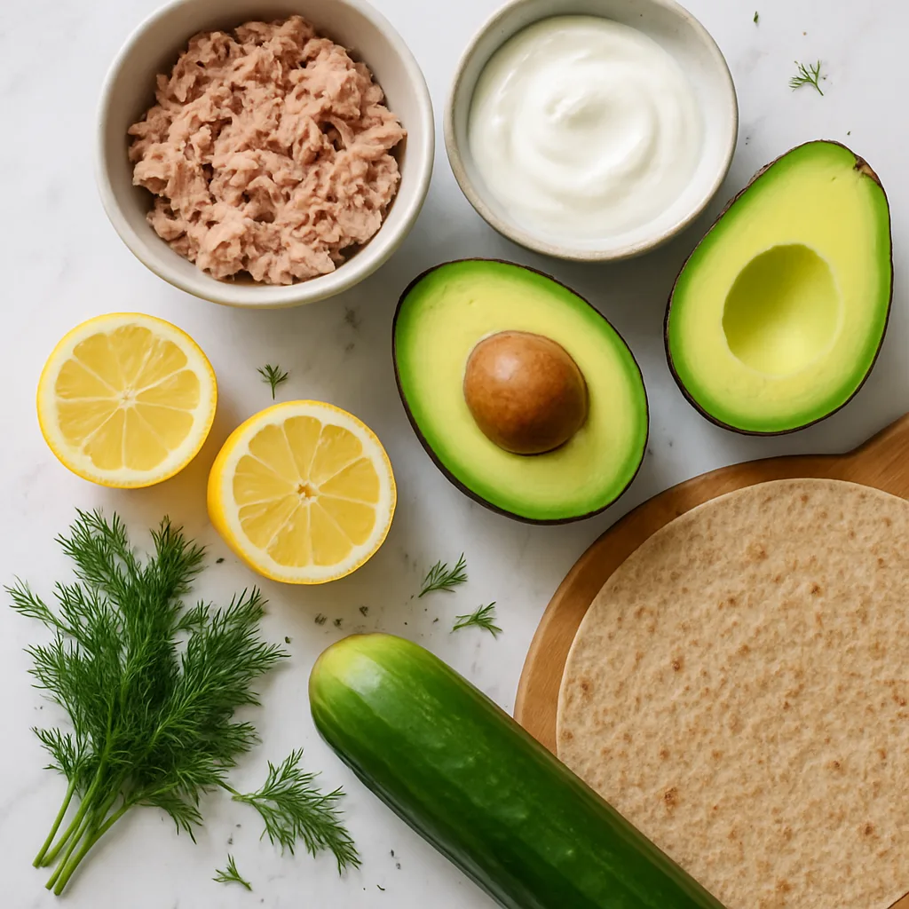 Ingredients for Cucumber Avocado Tuna Wraps