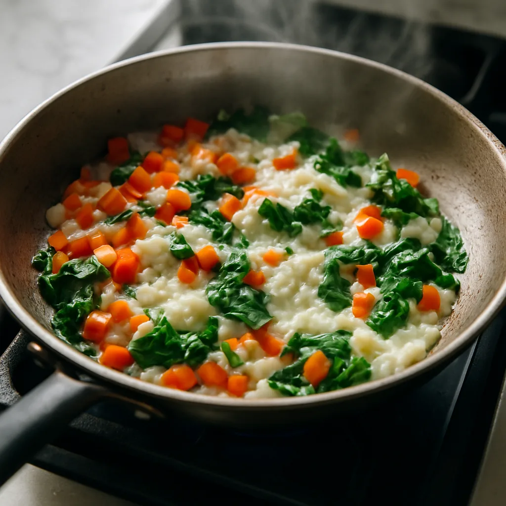 Egg White & Veggie Breakfast Burrito cooking in progress