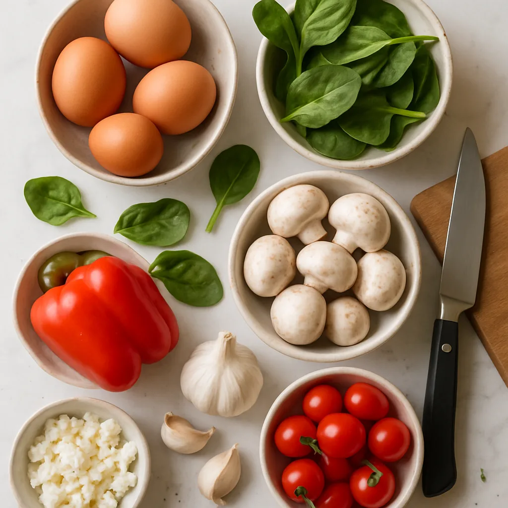 Ingredients for Garden Veggie Omelette with Bell Pepper, Spinach & Mushrooms