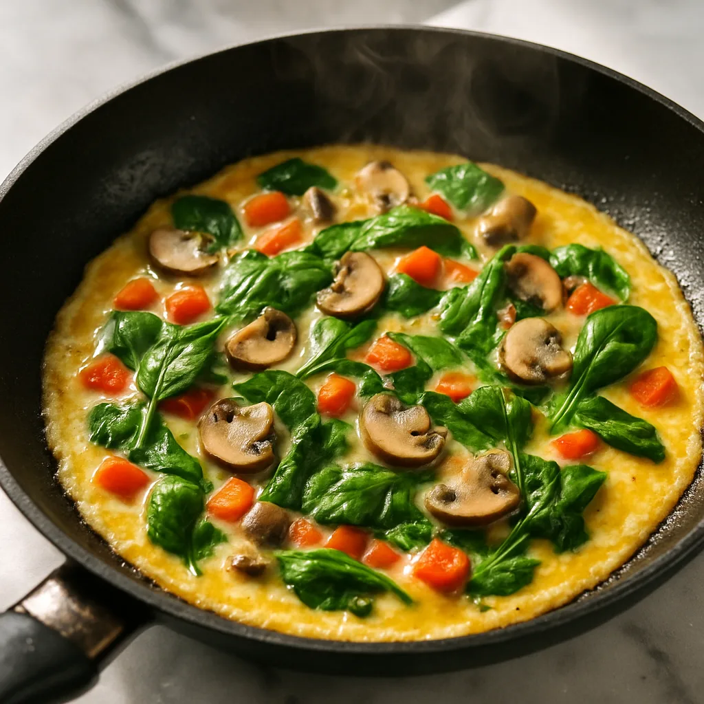 Garden Veggie Omelette with Bell Pepper, Spinach & Mushrooms cooking in progress