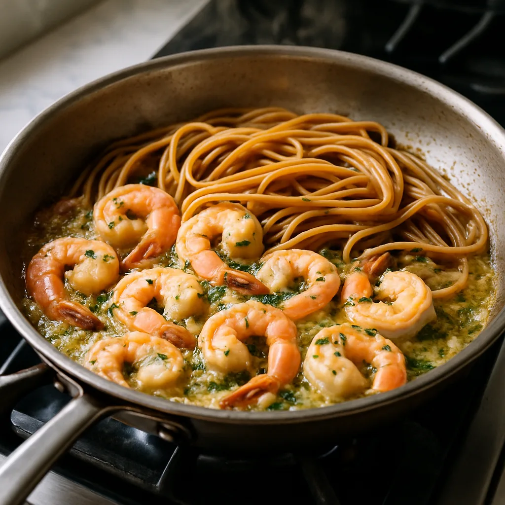 Garlic Butter Shrimp with Whole Wheat Linguine cooking in progress