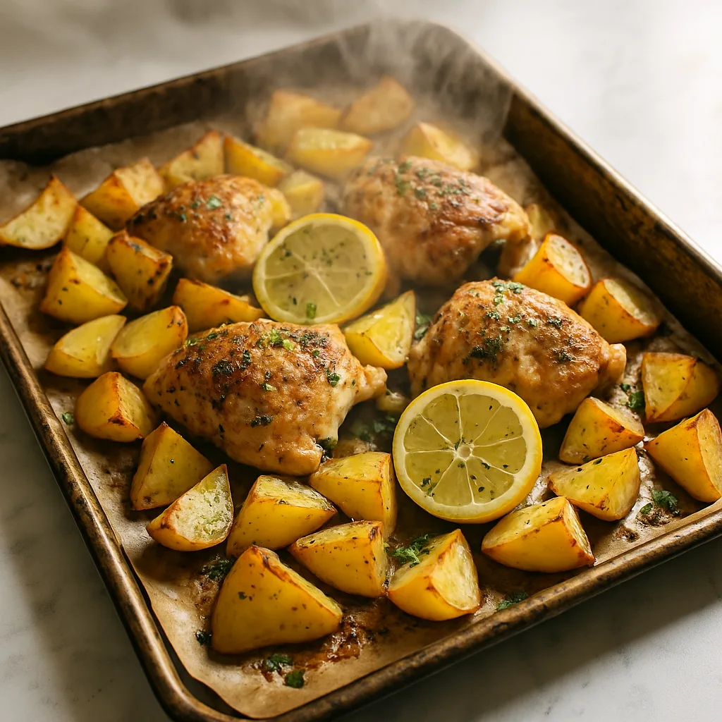 Greek Lemon Chicken with Roasted Potatoes cooking in progress