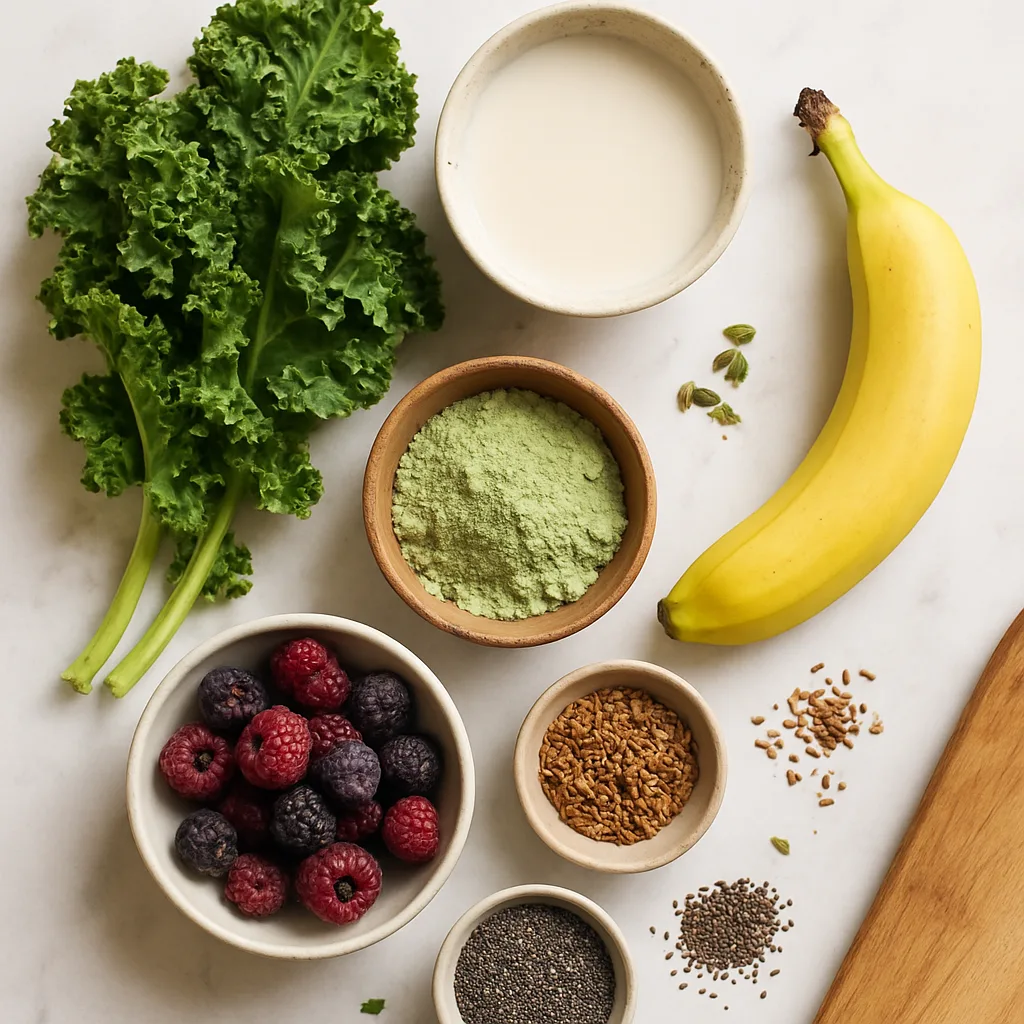 Ingredients for Green Protein Smoothie with Kale & Spirulina
