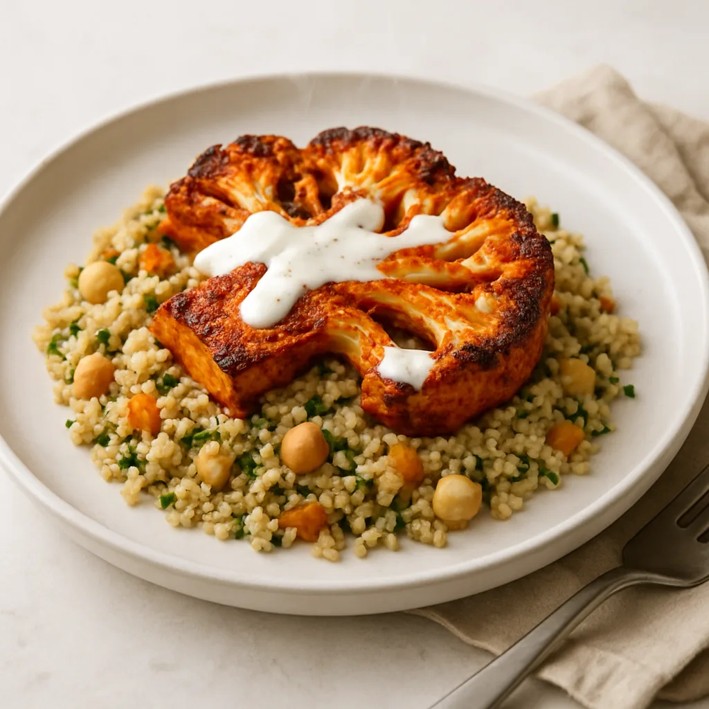 Harissa Cauliflower Steaks with Herbed Couscous