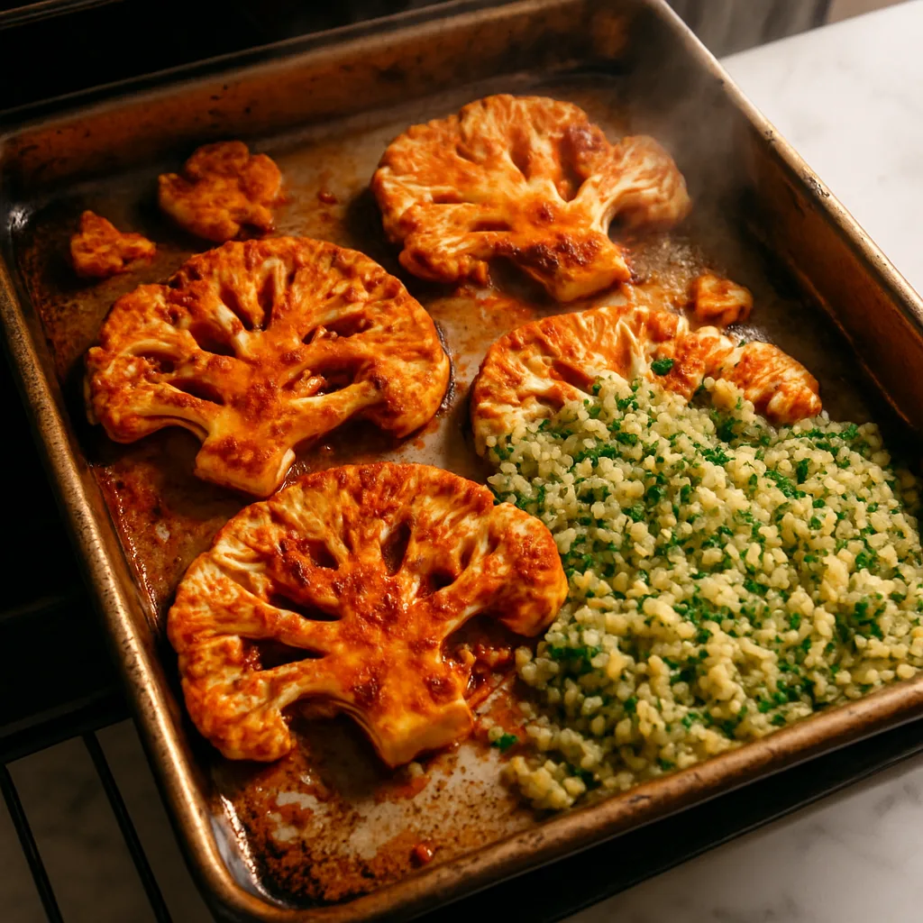 Harissa Cauliflower Steaks with Herbed Couscous cooking in progress