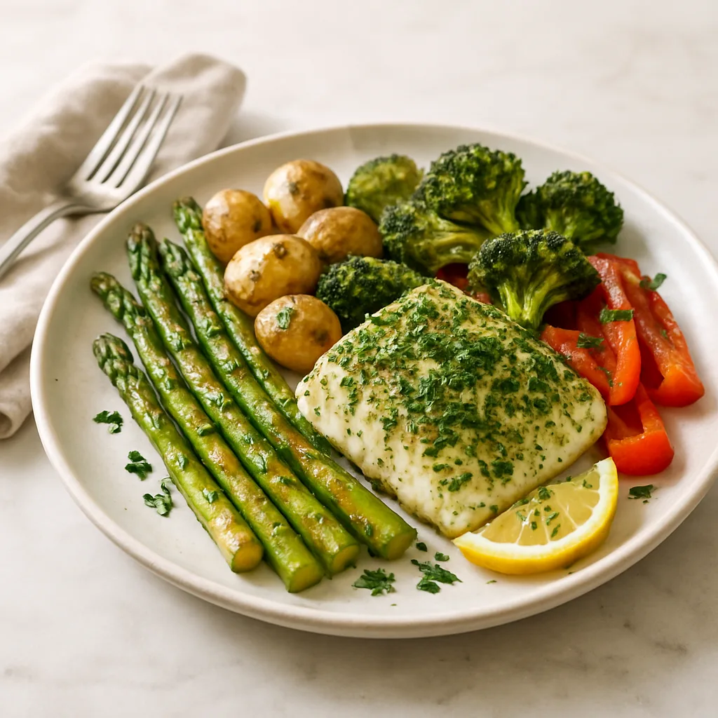 Herb-Baked Cod with Roasted Asparagus and Baby Potatoes
