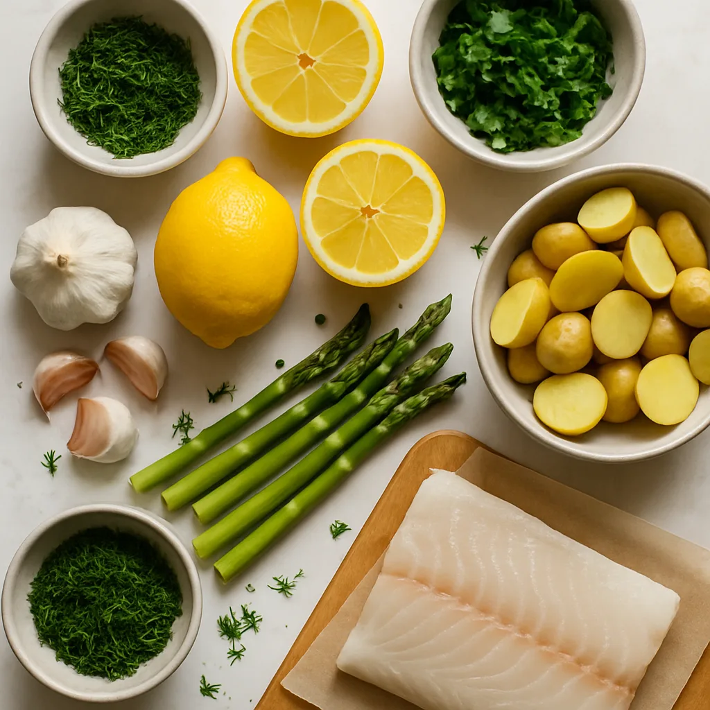 Ingredients for Herb-Baked Cod with Roasted Asparagus and Baby Potatoes