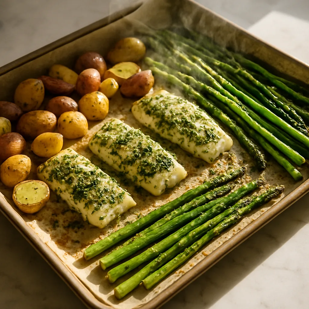 Herb-Baked Cod with Roasted Asparagus and Baby Potatoes cooking in progress