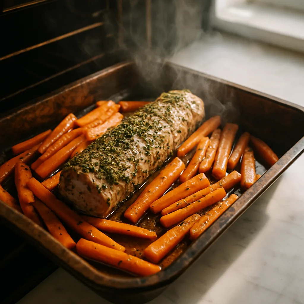 Herb-Crusted Pork Tenderloin with Maple Roasted Carrots cooking in progress