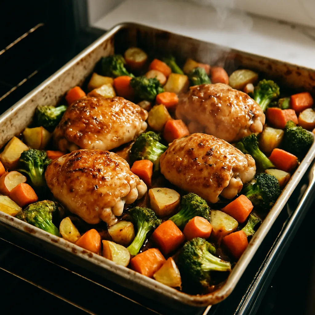 Honey Garlic Chicken Thighs with Roasted Vegetables cooking in progress