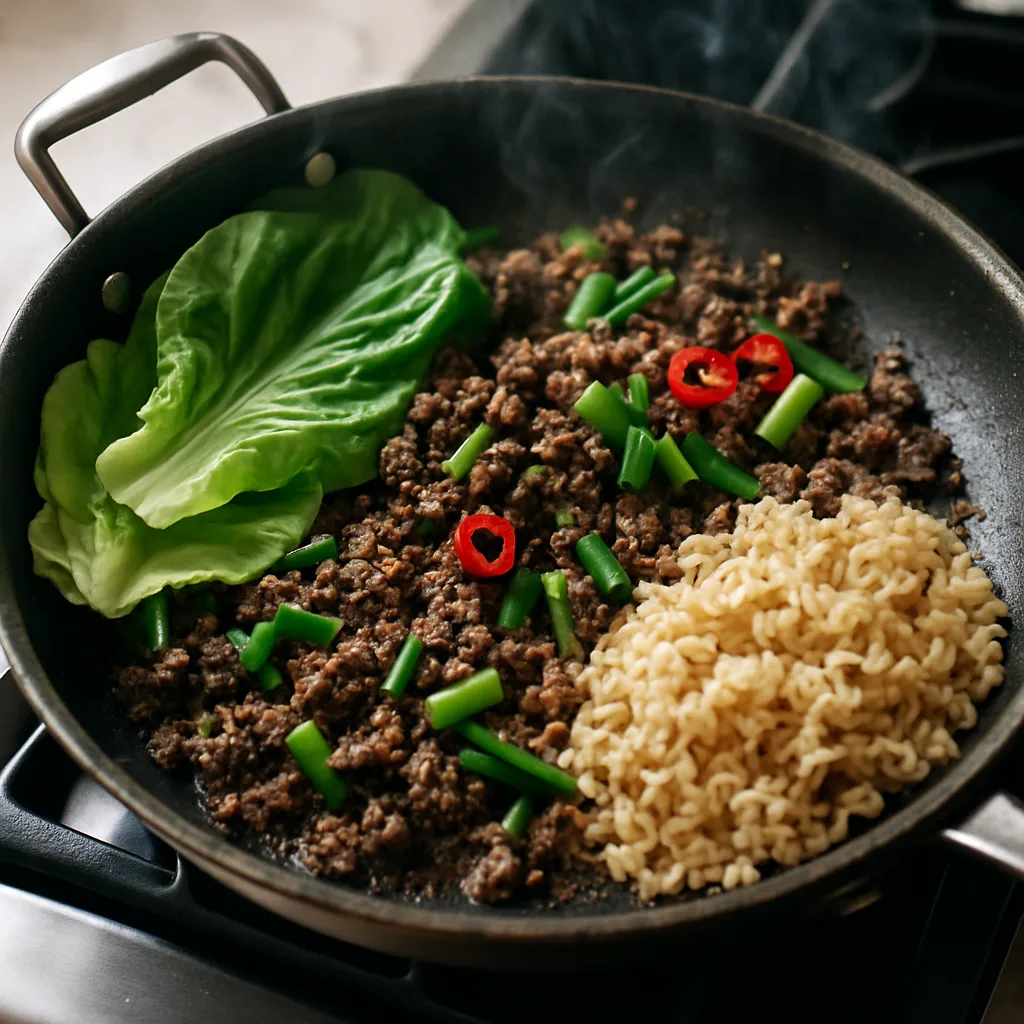 Korean Beef Lettuce Wraps cooking in progress