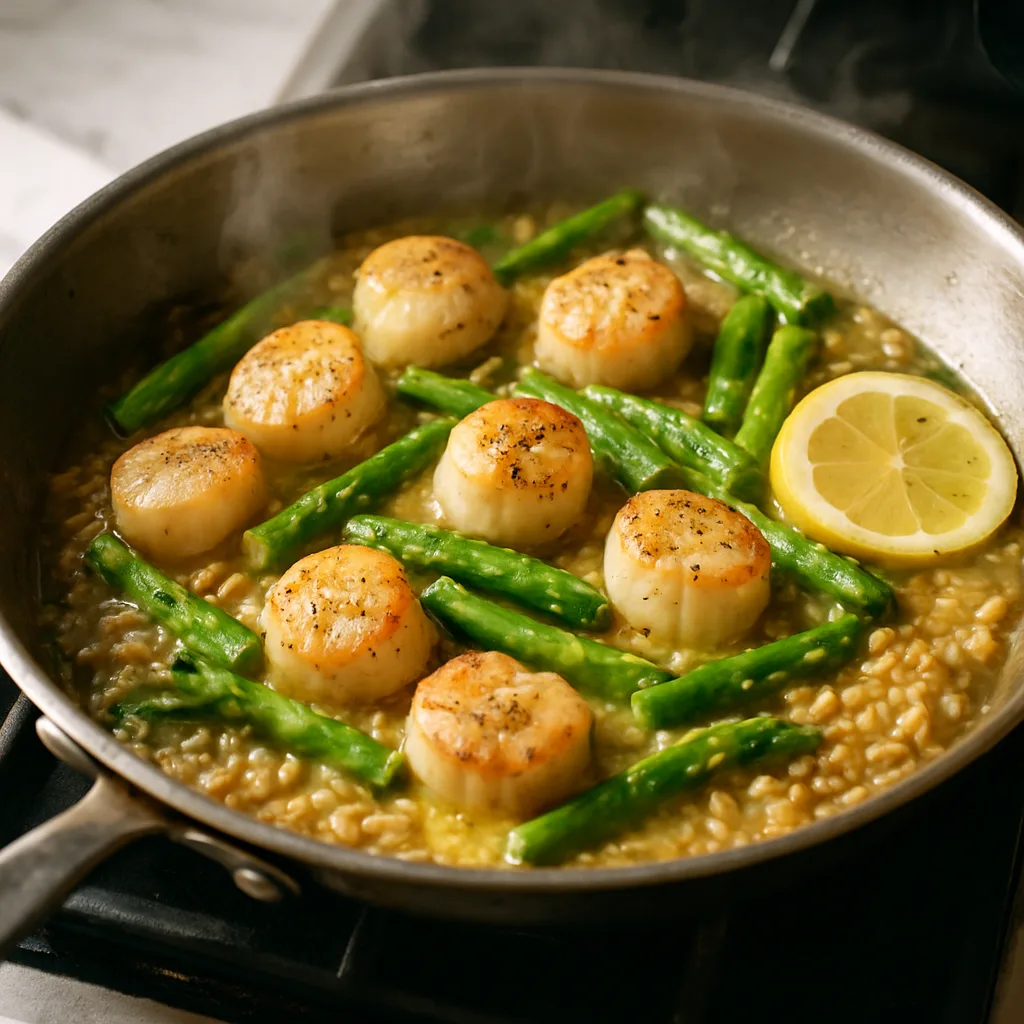 Lemon Butter Scallops with Asparagus & Farro cooking in progress
