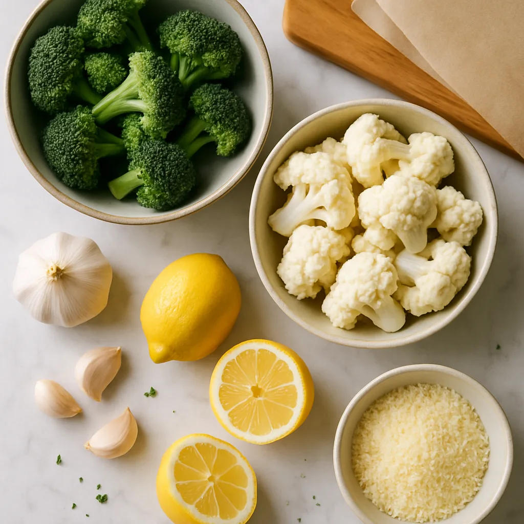 Ingredients for Lemon Garlic Roasted Broccoli & Cauliflower