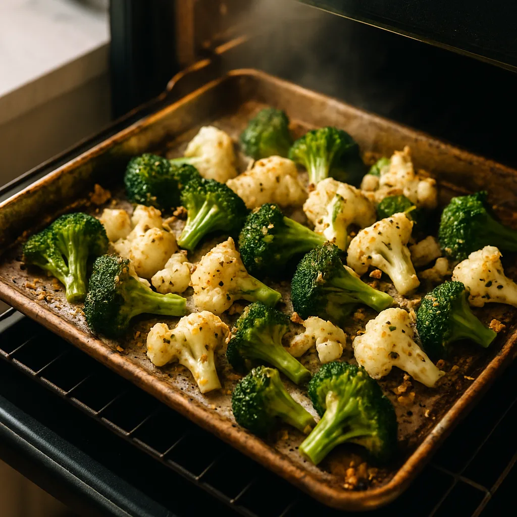 Lemon Garlic Roasted Broccoli & Cauliflower cooking in progress