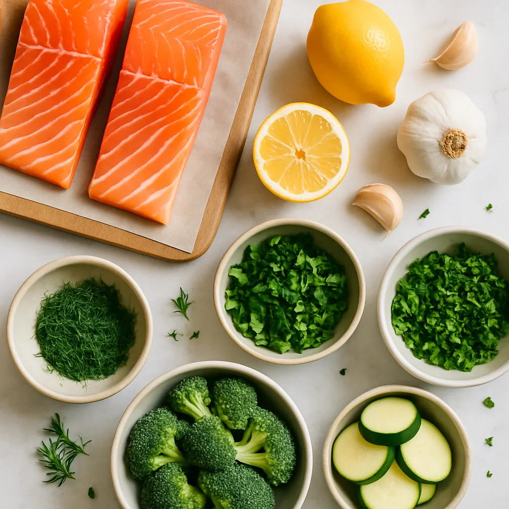 Ingredients for Lemon Herb Baked Salmon with Roasted Vegetables