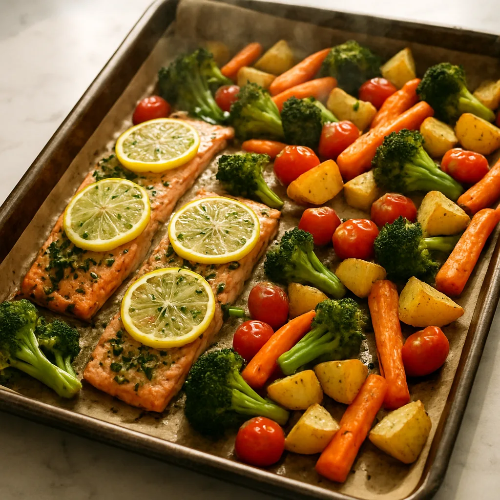 Lemon Herb Baked Salmon with Roasted Vegetables cooking in progress