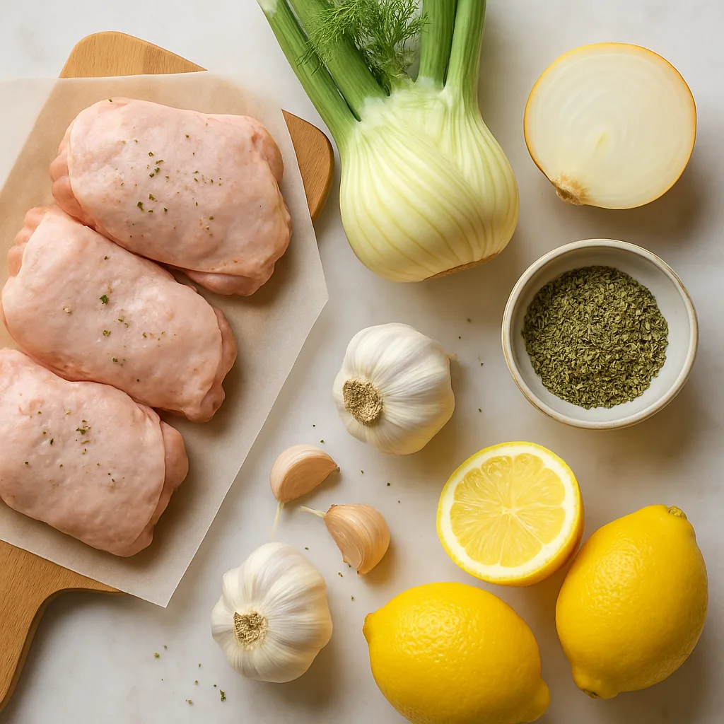 Ingredients for Lemon Oregano Chicken Thighs with Roasted Fennel
