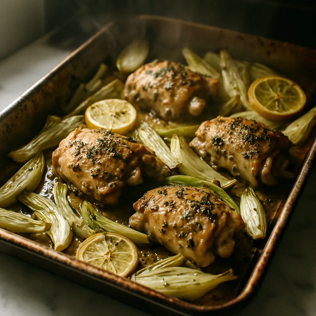 Lemon Oregano Chicken Thighs with Roasted Fennel cooking in progress