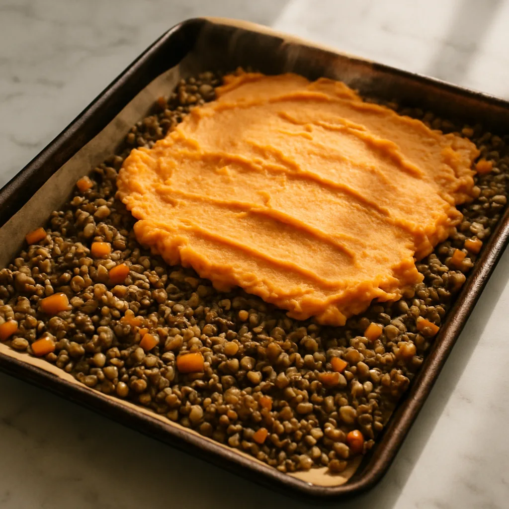 Lentil & Sweet Potato Shepherd's Pie cooking in progress