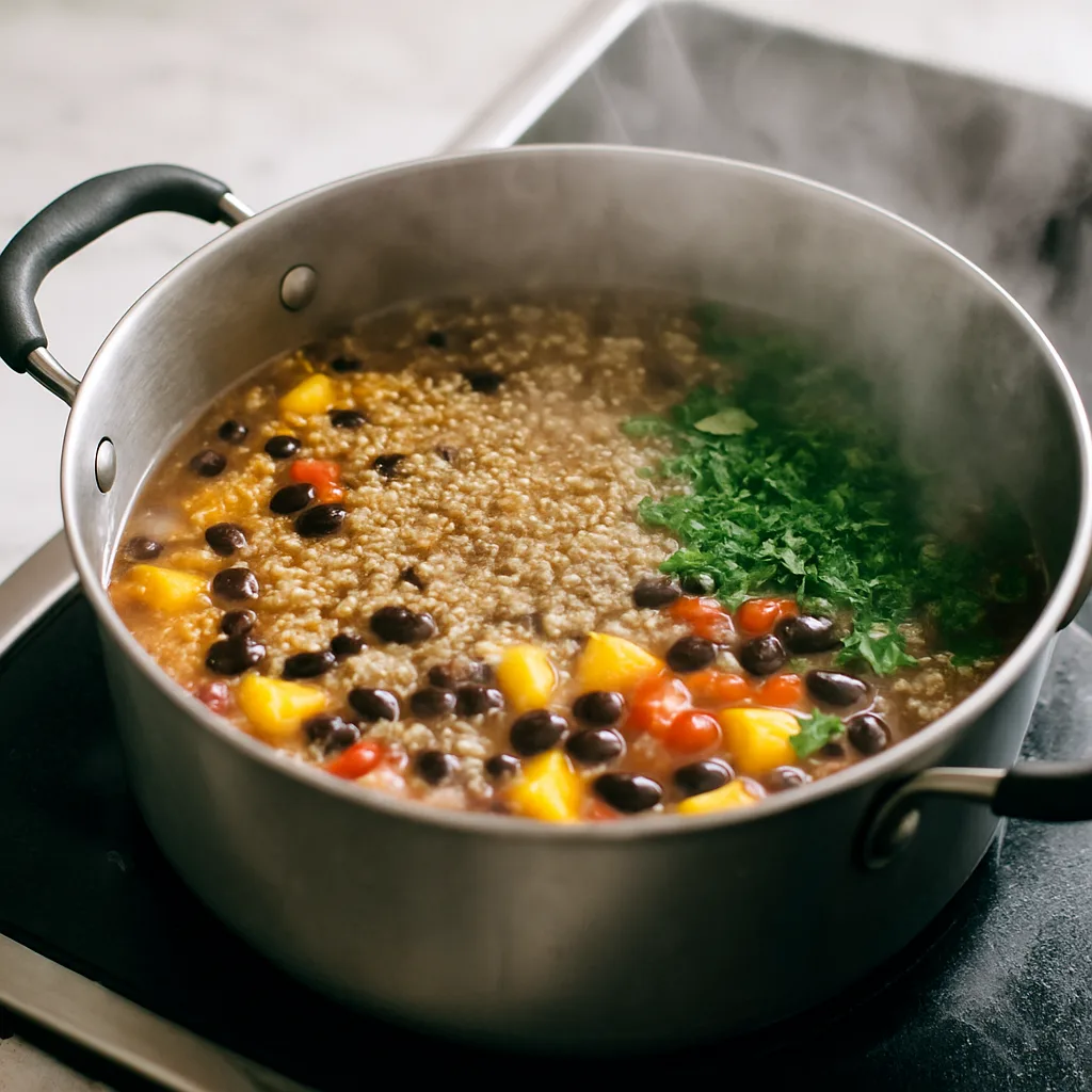Mango Black Bean Quinoa Bowl cooking in progress