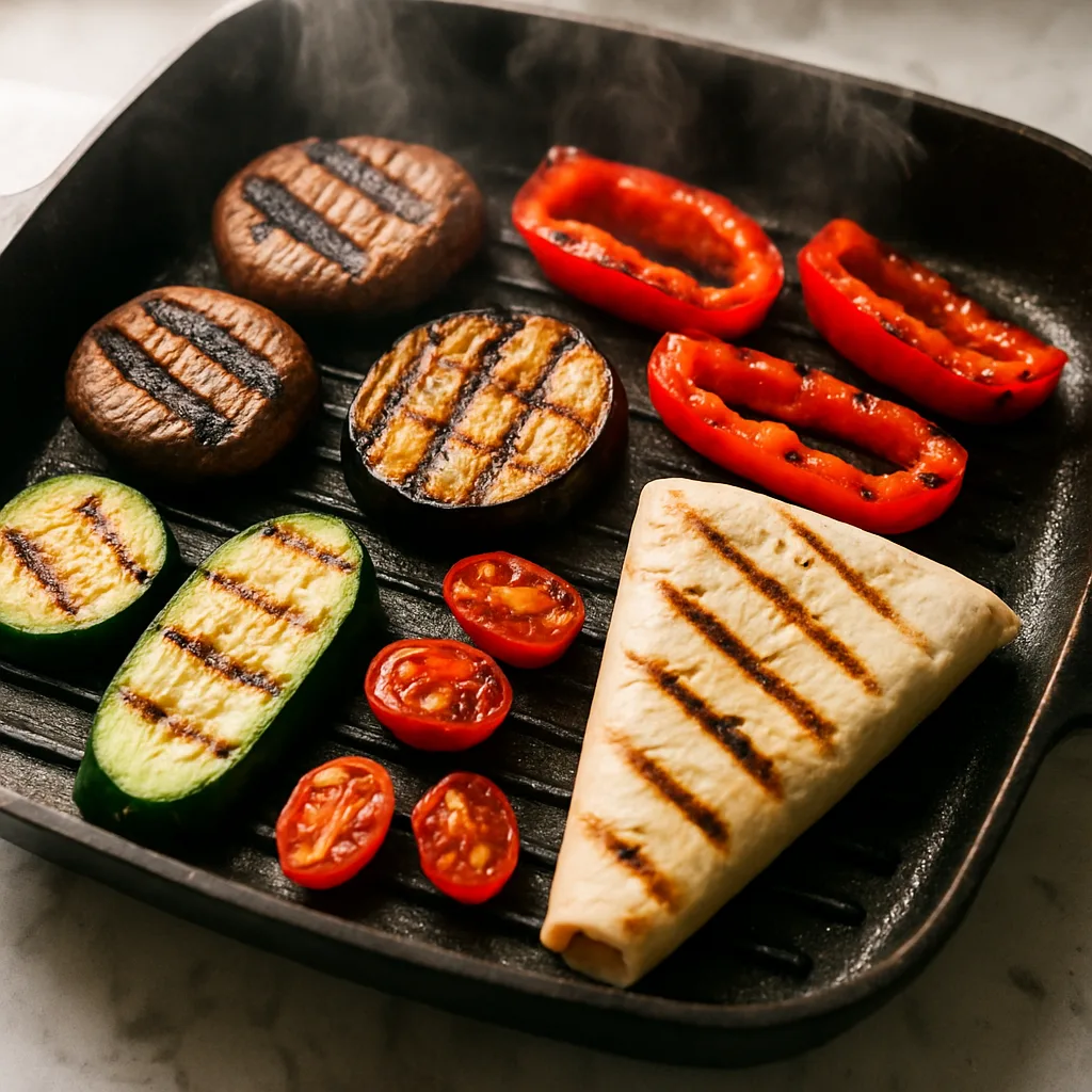 Mediterranean Grilled Veggie Wrap cooking in progress