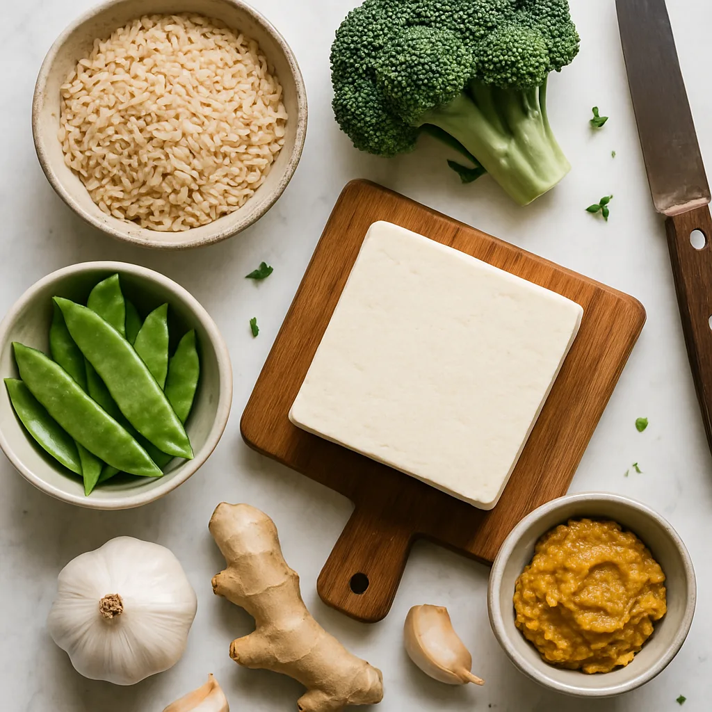 Ingredients for Miso Ginger Tofu Stir-Fry with Brown Rice