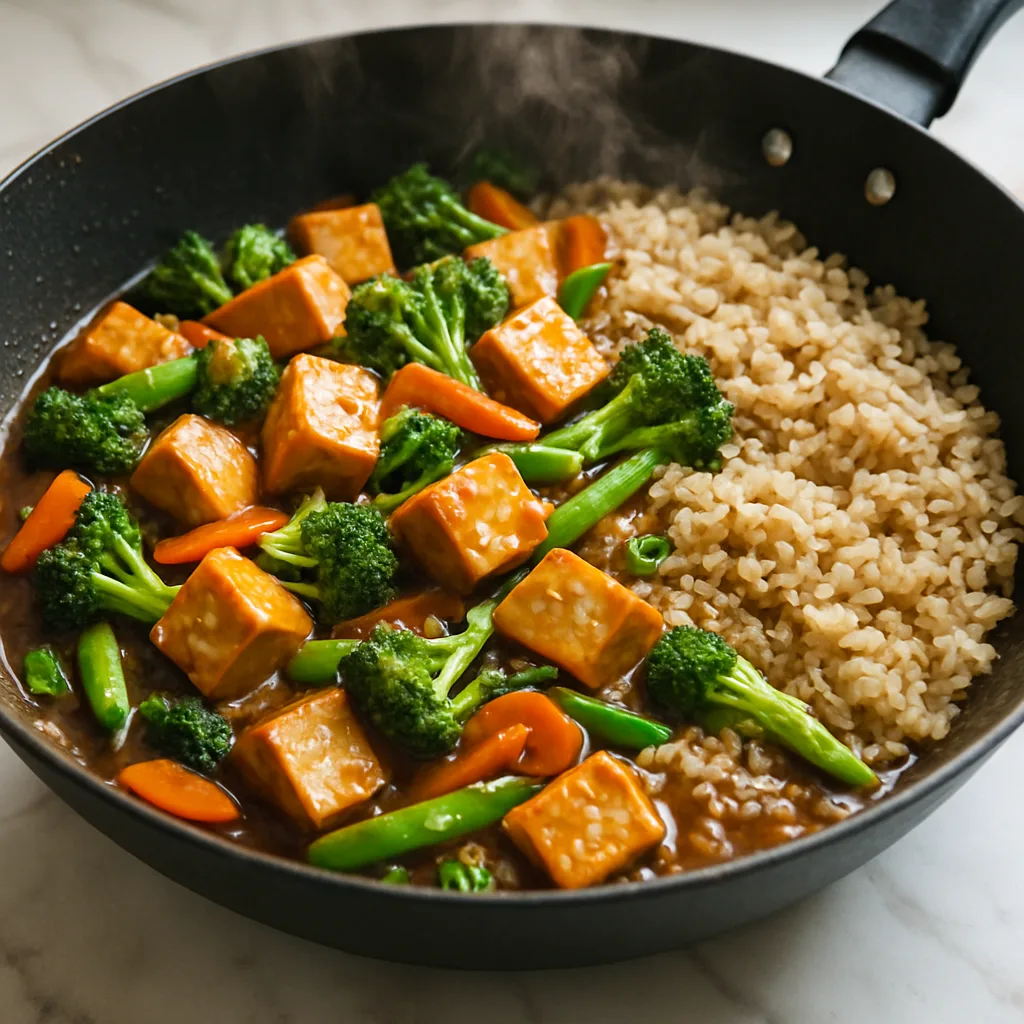 Miso Ginger Tofu Stir-Fry with Brown Rice cooking in progress