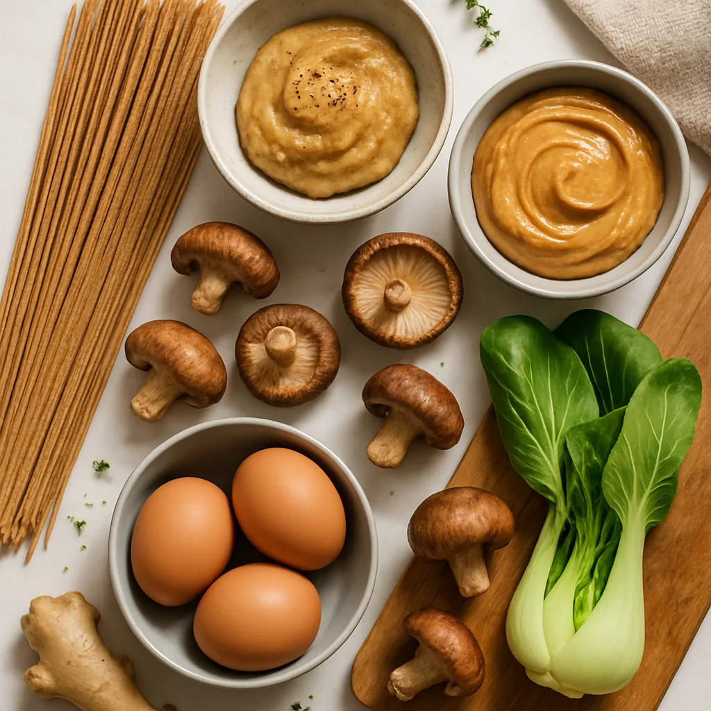 Ingredients for Miso Peanut Ramen with Soft Egg & Mushrooms