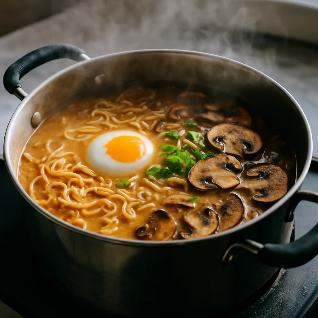 Miso Peanut Ramen with Soft Egg & Mushrooms cooking in progress