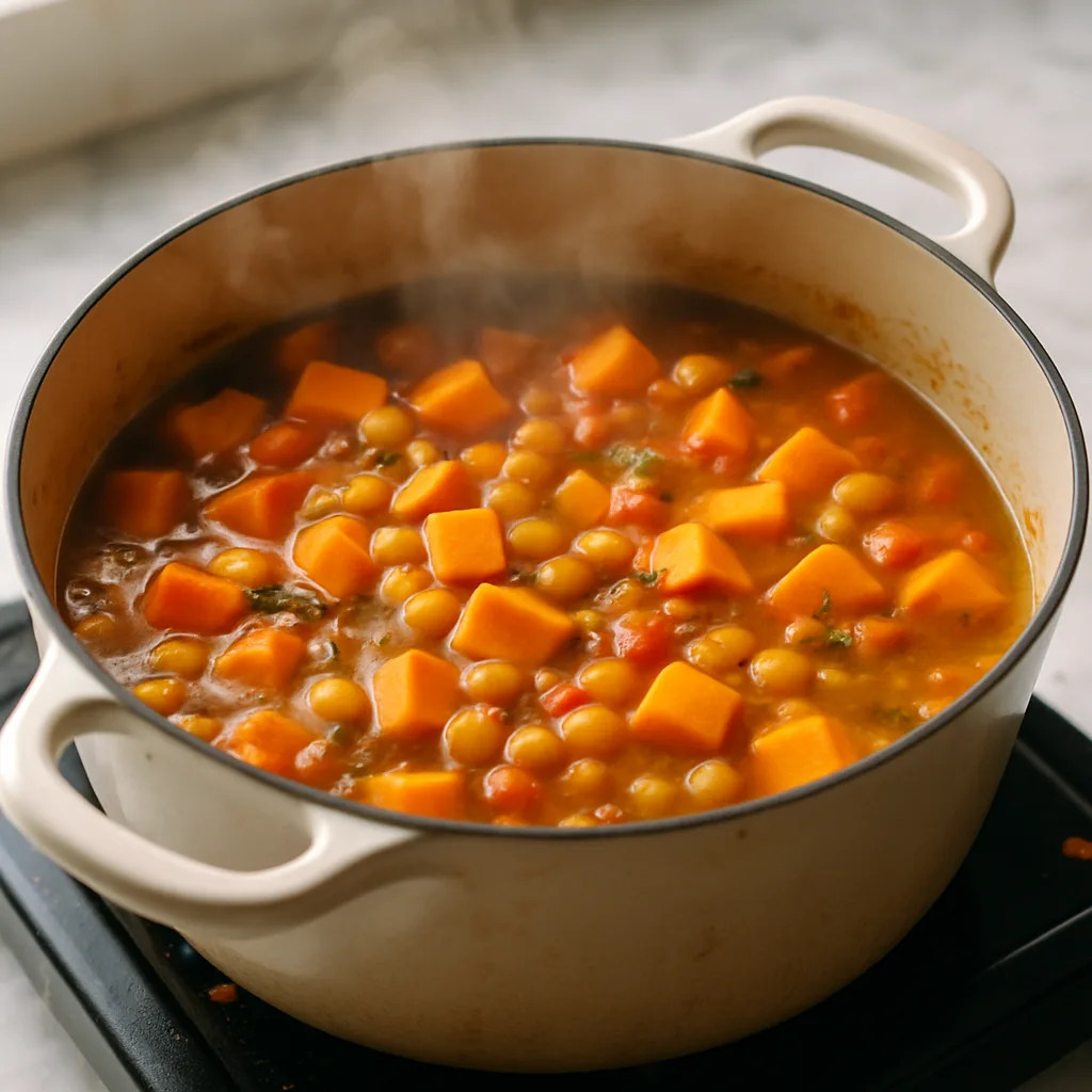 Moroccan Chickpea & Sweet Potato Stew cooking in progress