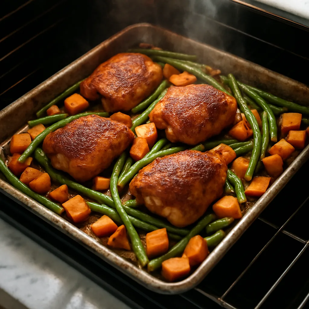 One-Pan Paprika Chicken with Sweet Potato & Green Beans cooking in progress