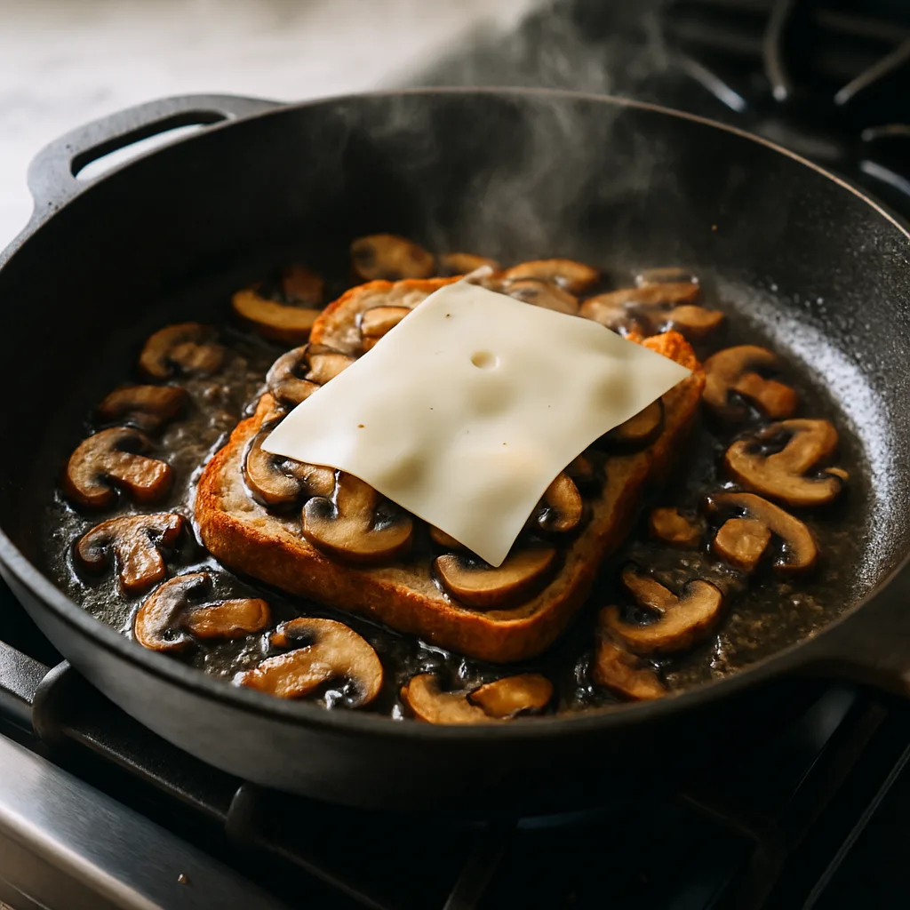Open-Faced Mushroom Swiss Sandwich cooking in progress