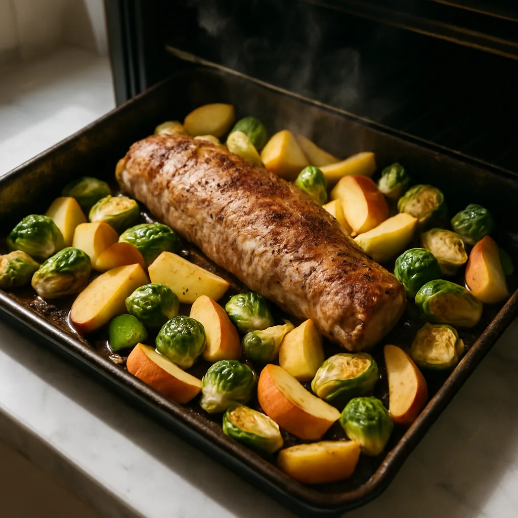 Pork Tenderloin with Apple & Brussels Sprouts cooking in progress