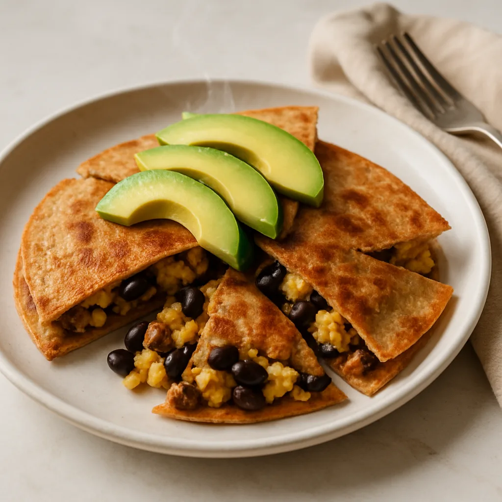 Sausage, Egg & Black Bean Quesadilla with Avocado