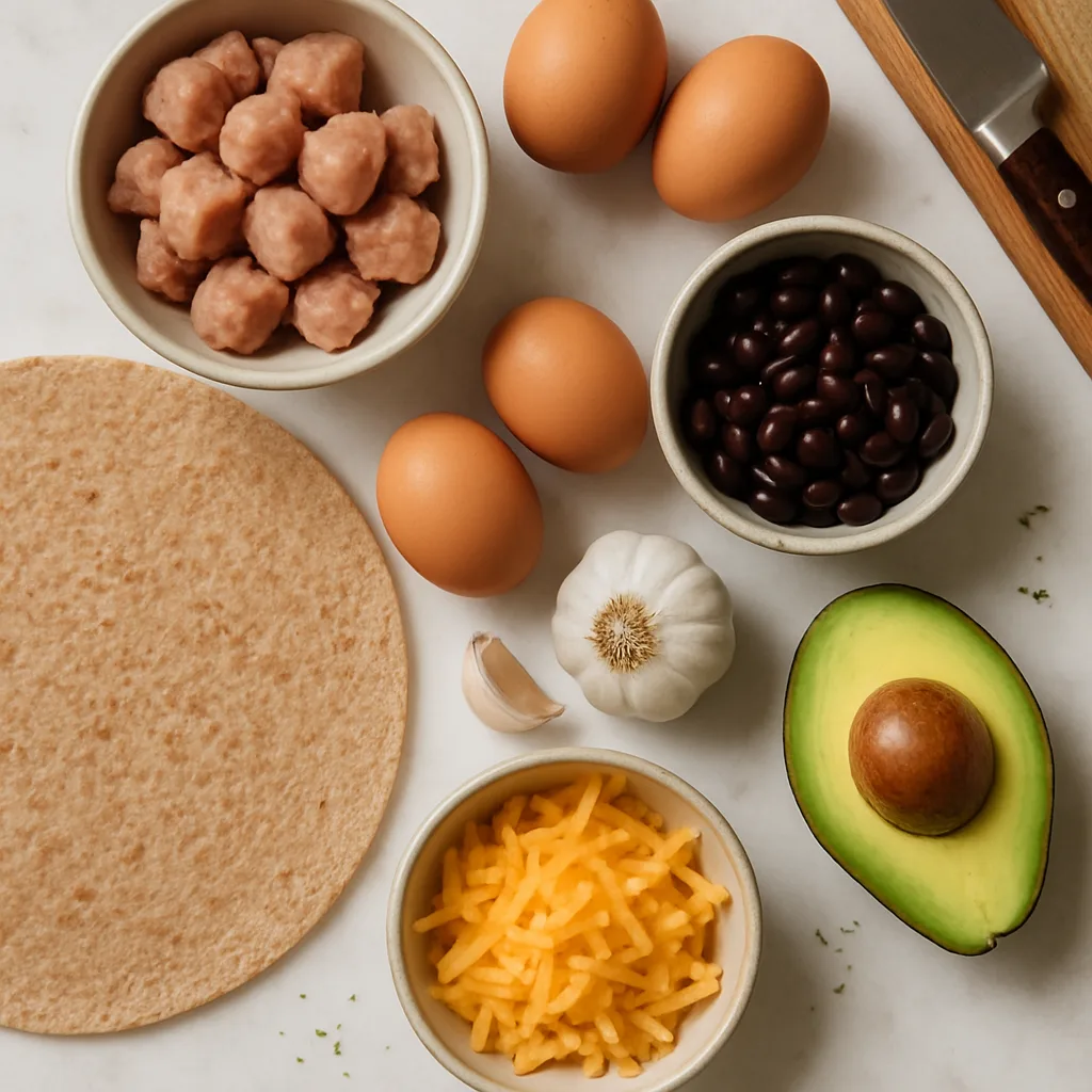 Ingredients for Sausage, Egg & Black Bean Quesadilla with Avocado